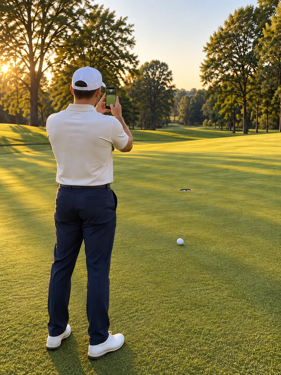 A golfer standing behind the ball, holding a phone upright to plumb an 11 foot putt at sunset