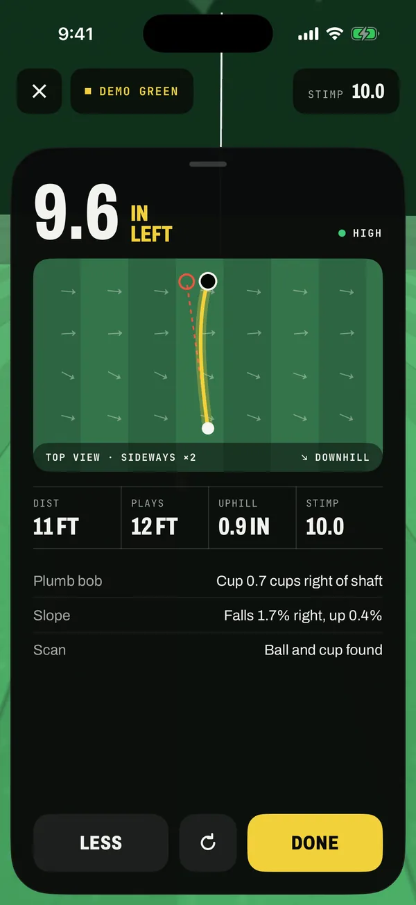 Read details: a top-down slope map, 11 ft distance, plays 12 ft, 0.9 in uphill, Stimp 10