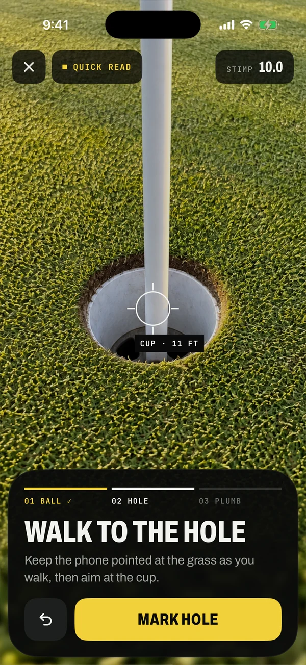 Walk to the hole: the crosshair on the cup, 11 feet from the ball