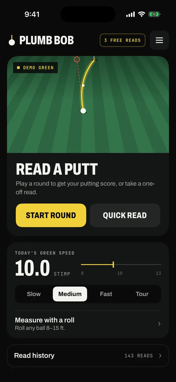 Plumb Bob home: read a putt, start a round, and today's green speed